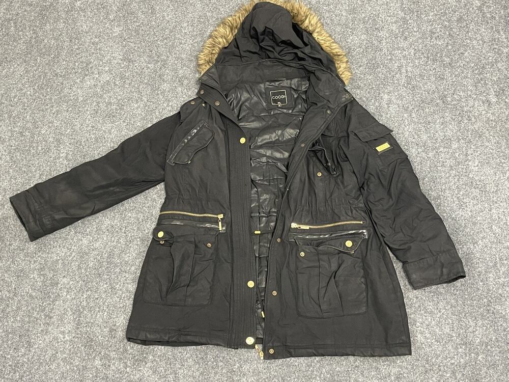 COOGI Jacket Womens Large Hooded Faux Fur Coat Black Long Sleeve N292